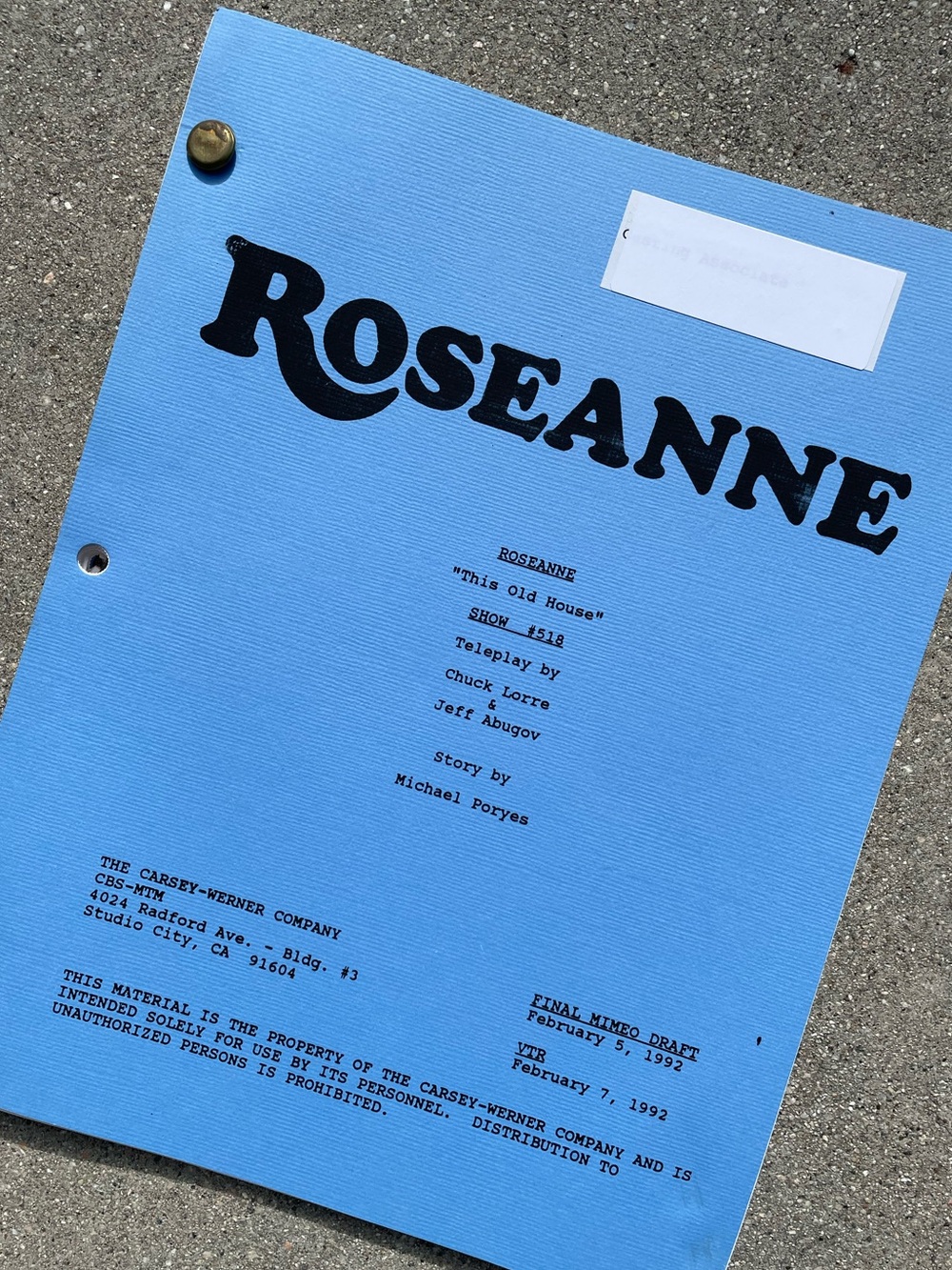 Roseanne Original 1992 Production Used Final Mimeo Draft Script This Old House